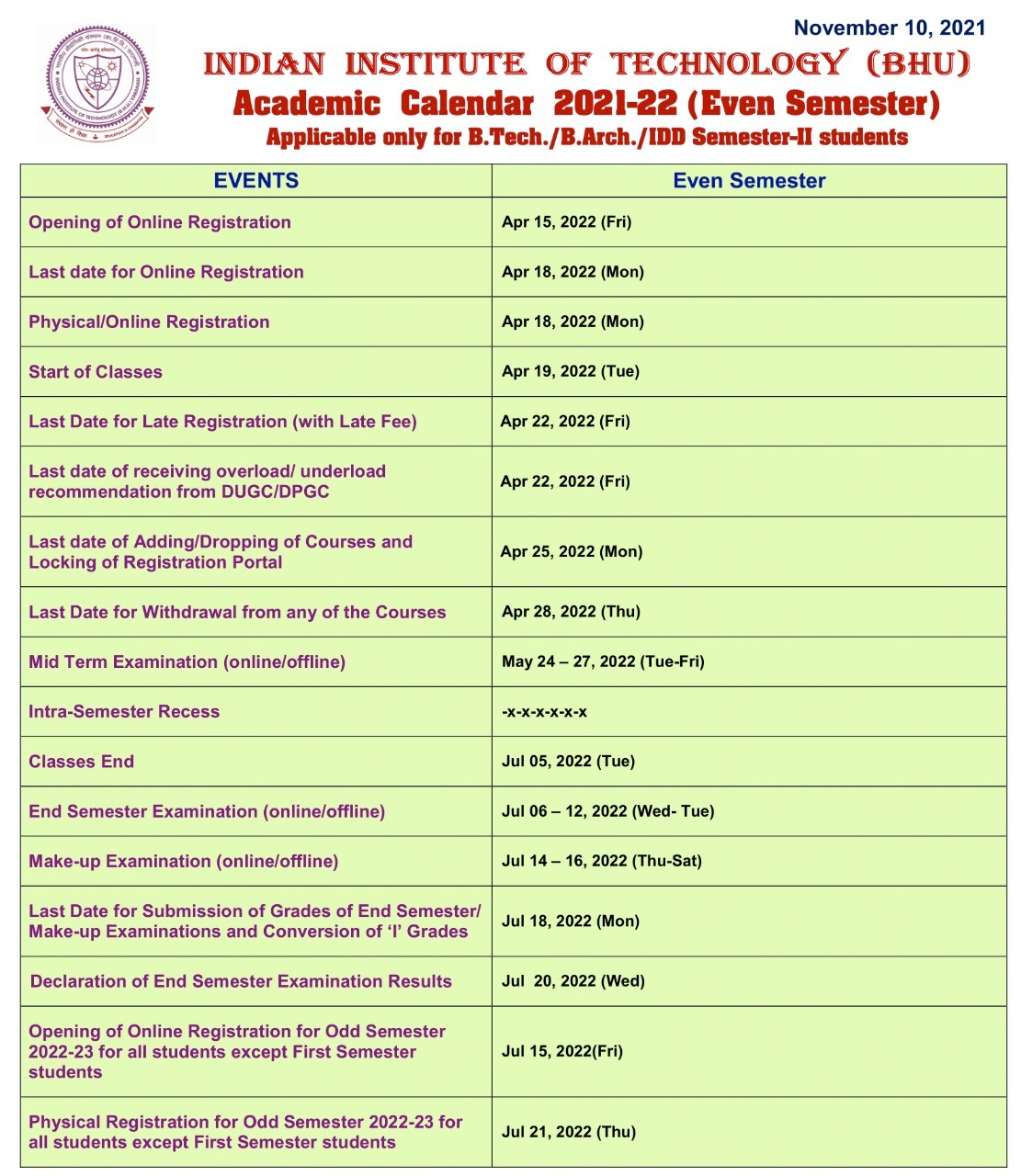 Timetable